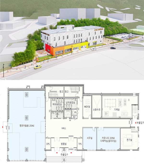 맘편한센터 조감도 및 1층 설계도