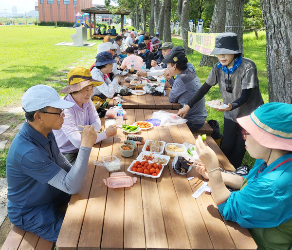집에서 싸온 집밥 도시락을 맛있게 먹는 회원들